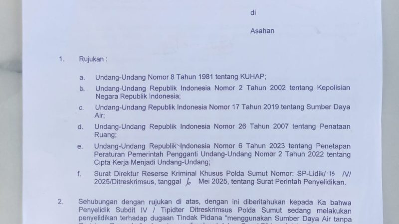 Pemanfaatan Sumber Daya Air dan Tata Ruang Diduga Tanpa Izin, Ditreskrimsus Poldasu Panggil Pengusaha Air Minum CV. Wiki Tirta di Asahan