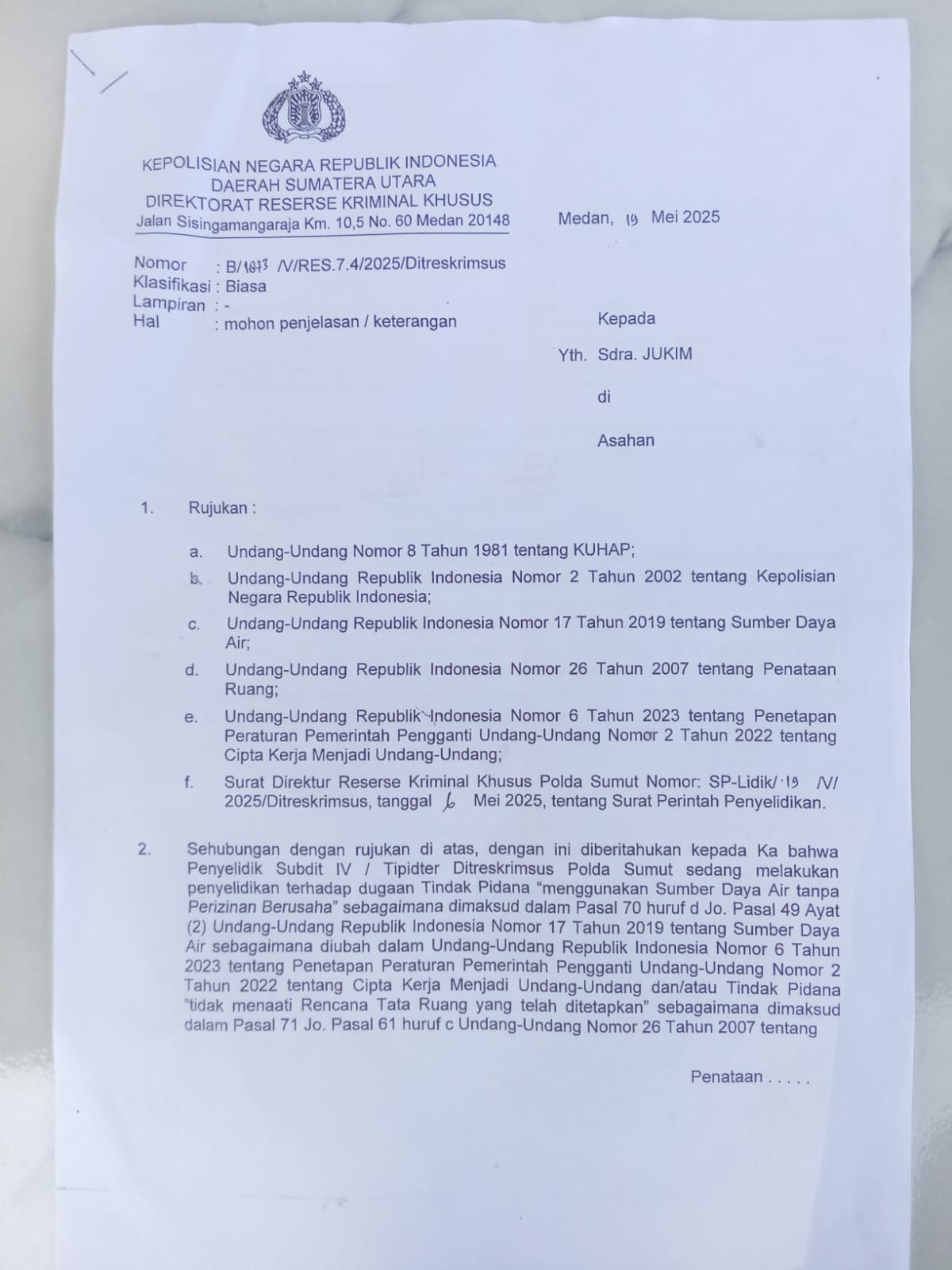 Pemanfaatan Sumber Daya Air dan Tata Ruang Diduga Tanpa Izin, Ditreskrimsus Poldasu Panggil Pengusaha Air Minum CV. Wiki Tirta di Asahan