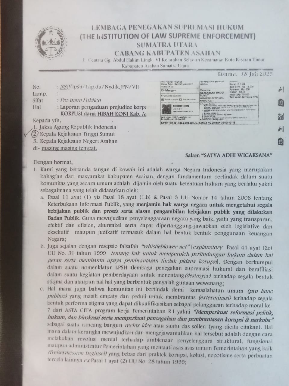 Oknum Kejatisu Diduga Kuat Terima Suap Rp.1 M Untuk Penghentian Kasus Korupsi Hibah KONI Asahan Sejak 2019-2025 Senilai Rp.52,5 M