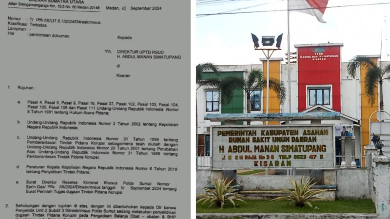 Dugaan Tindak Pidana Korupsi Pengadaan Obat-obatan dan Bahan Kimia Instalasi Laboratorium, Direktur RSUD Kisaran Diperiksa Polda