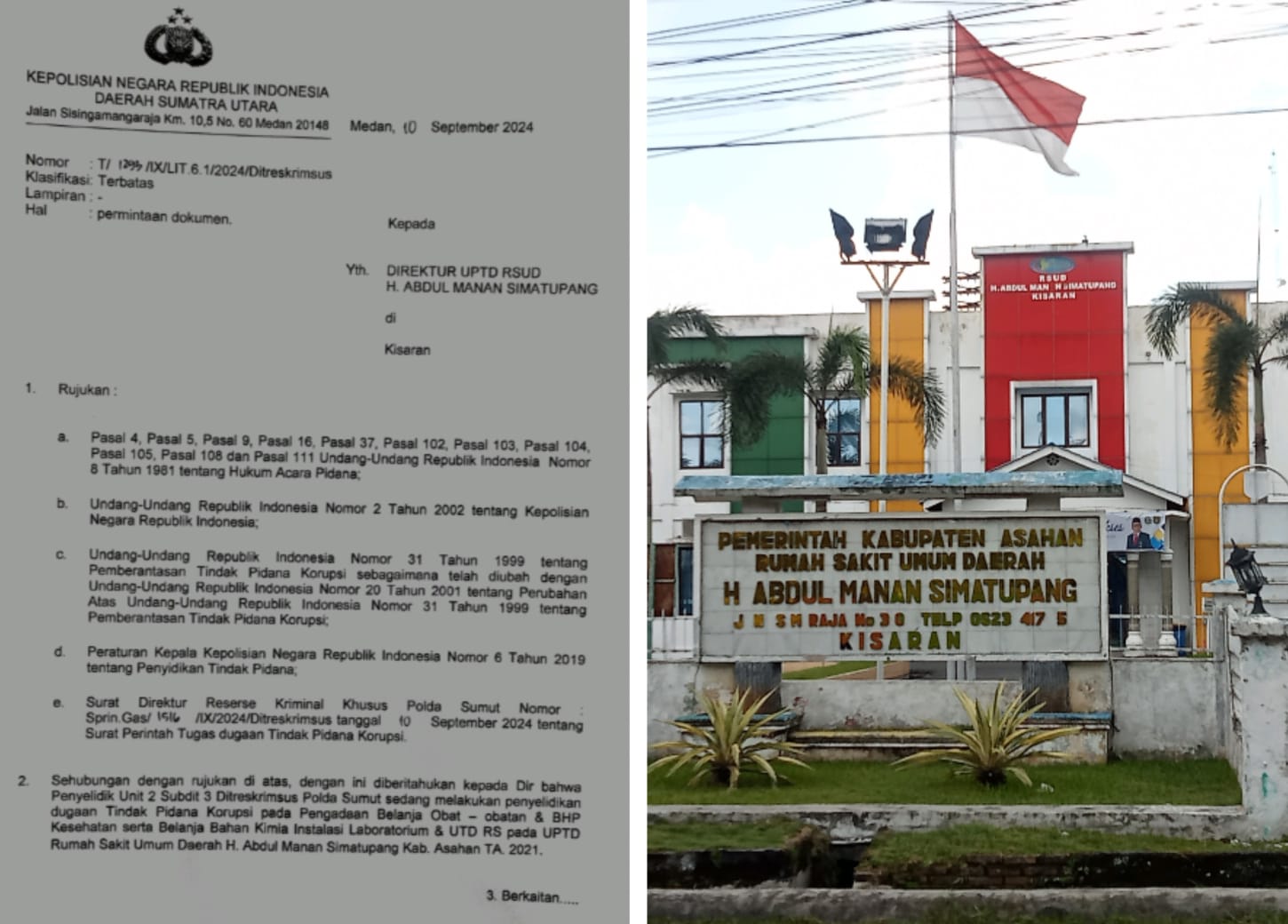 Dugaan Tindak Pidana Korupsi Pengadaan Obat-obatan dan Bahan Kimia Instalasi Laboratorium, Direktur RSUD Kisaran Diperiksa Polda