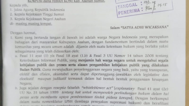 Tahun 2019-2025, Bantuan Dana Hibah KONI Asahan Senilai Rp.52,5 Miliar Resmi Dilaporkan di Kejaksaan