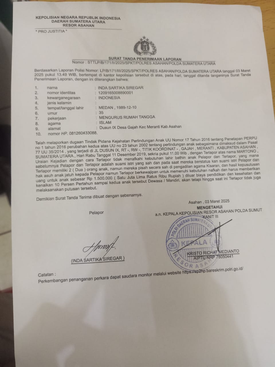 Satreskrim Polres Asahan Diminta Profesional Dalam Menangani Kasus Penelantaran Anak, Pelapor Meminta Terlapor Segera Ditangkap