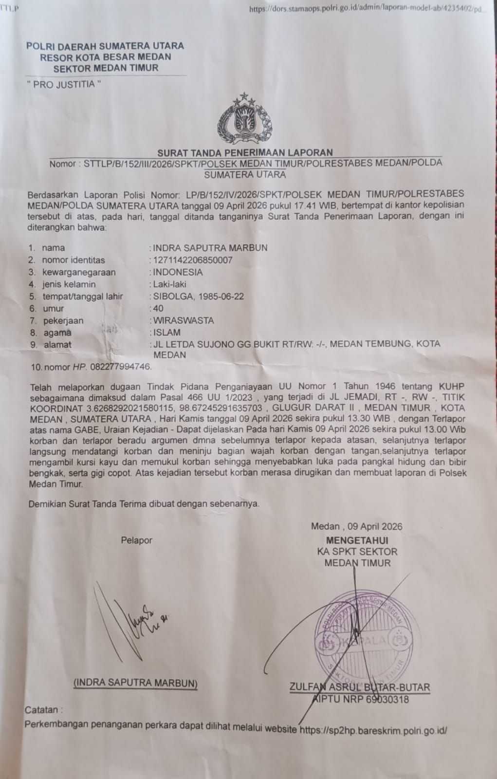 Berkas Laporan Korban Tindak Pidana “Diduga” Mengendap di Polsek Medan Timur Polrestabes Medan